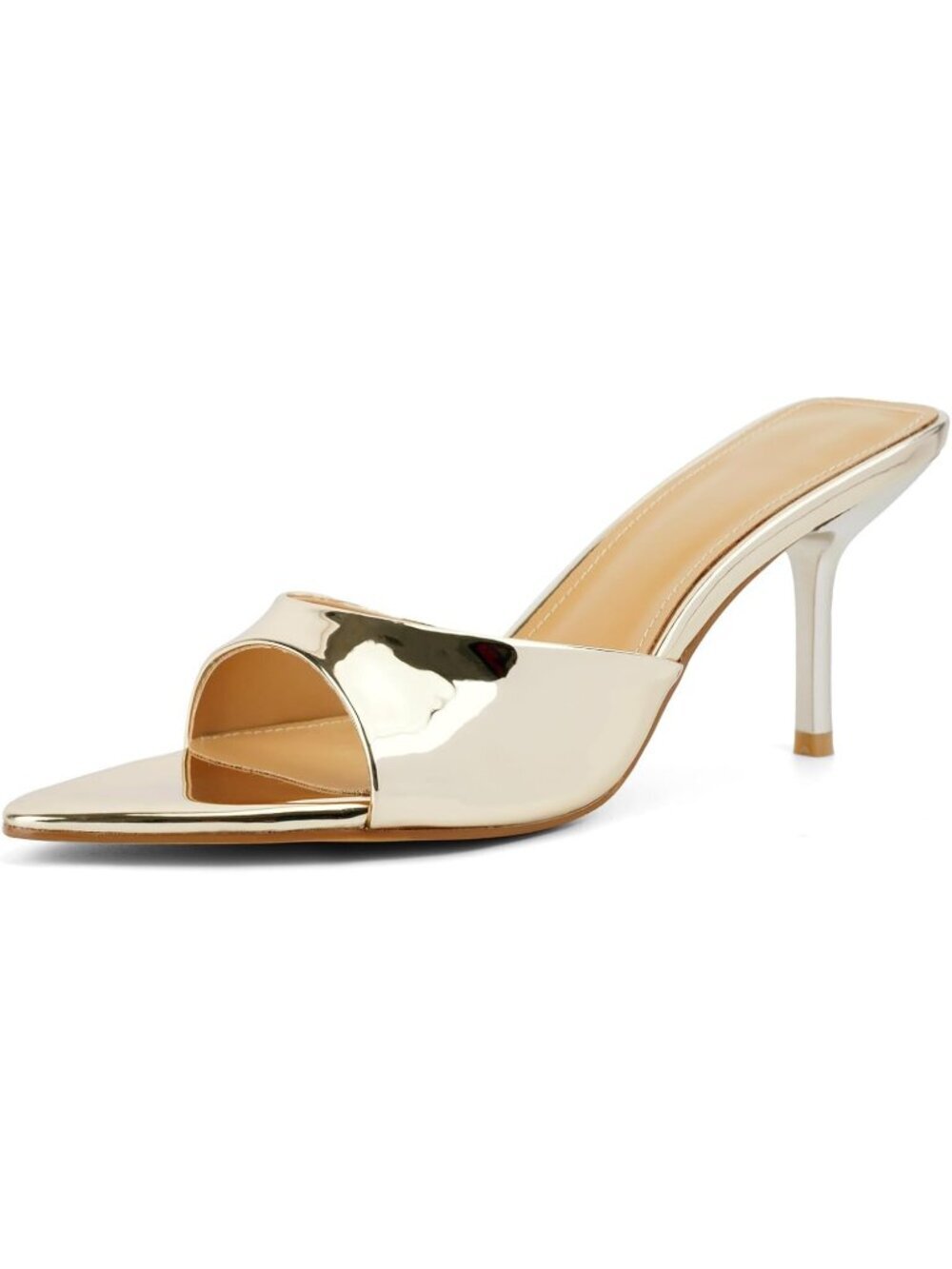 ISNOM Women's Gold Rubber Square Toe Ankle Buckle Strap Kitten Heels Sandal